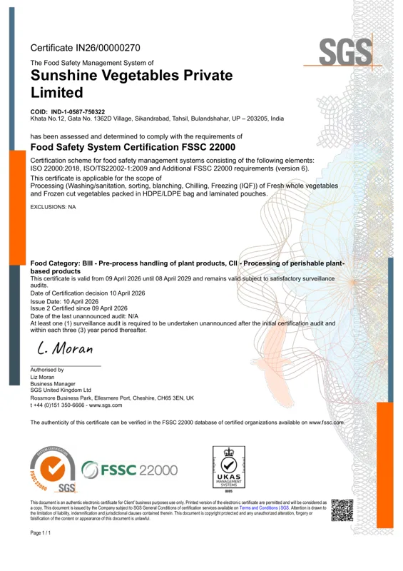 FSSC 22000 certificate IN26/00000270 issued by SGS to Sunshine Vegetables Private Limited