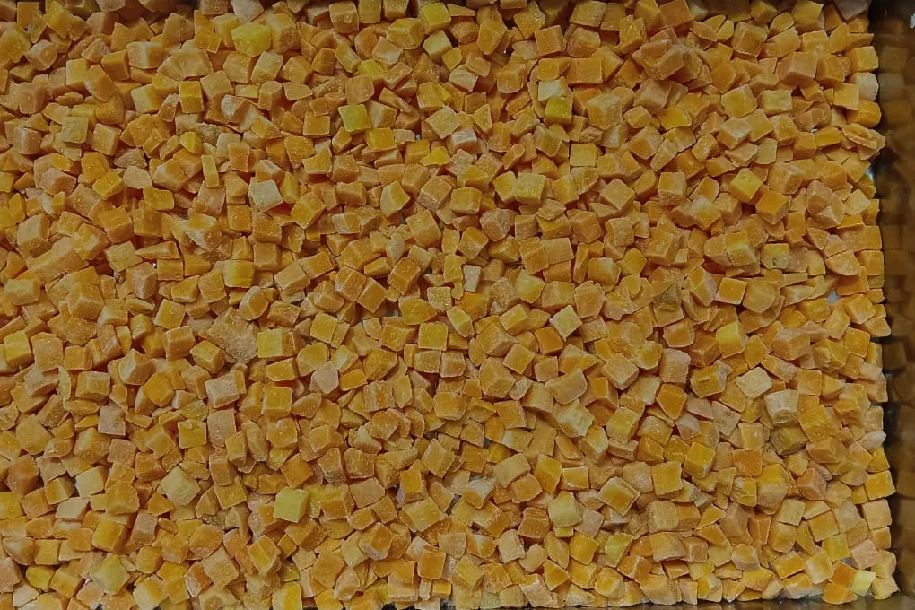 IQF diced carrot 9.25 mm, frozen with light frost, in a steel tray