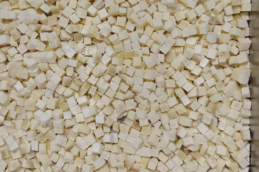 IQF diced potato 6.4 mm, frozen, in a steel tray